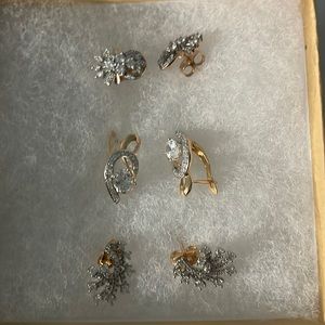 3 Pairs of Gold and Crystal Earrings